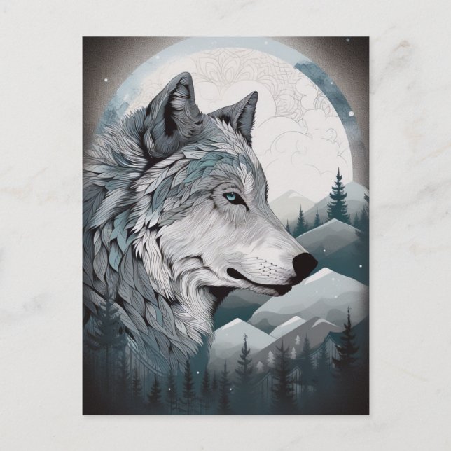 Wolf Full Moon Mountains Fantasy Art Postcard (Front)