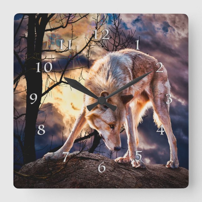 WOLF FULL MOON REACTIONS SQUARE WALL CLOCK (Front)