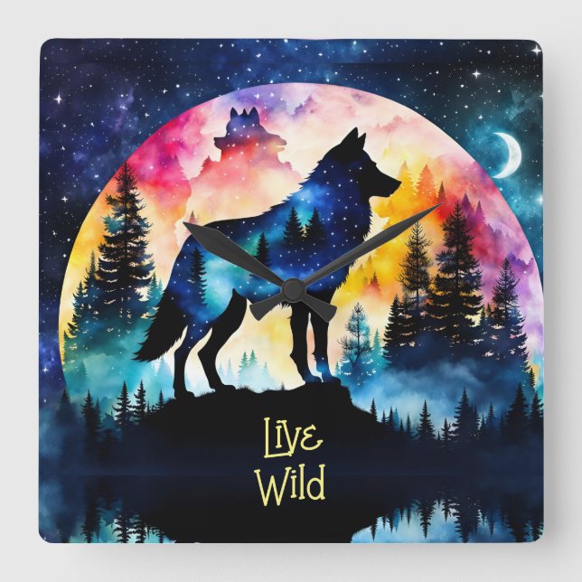 Wolf full moon watercolor trees square wall clock (Front)