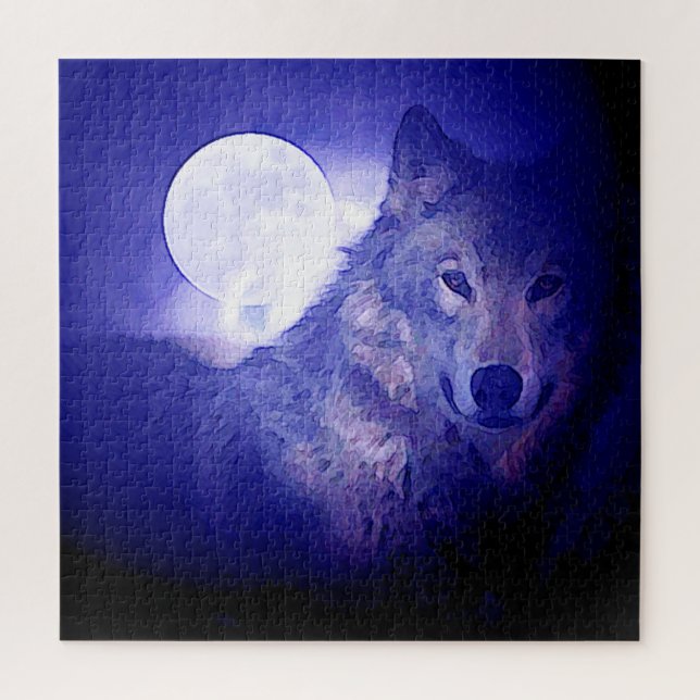 Wolf Fullmoon & Blue Night - Wild Animals Art Jigsaw Puzzle (Vertical)