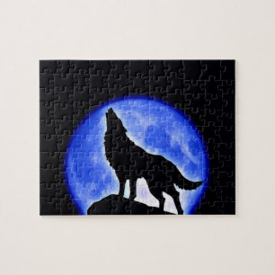 Wolf Fullmoon & Blue Night - Wild Animals Art Jigsaw Puzzle
