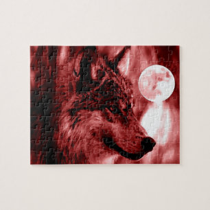 Wolf Fullmoon & Red Night - Wild Animals Art Jigsaw Puzzle