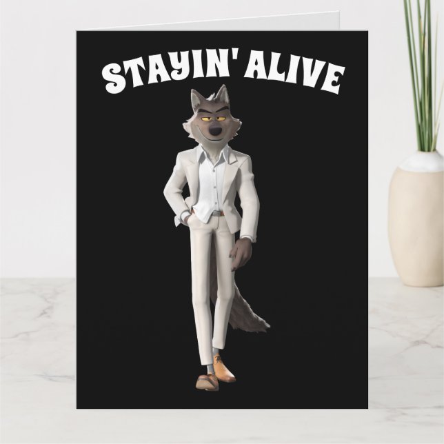 WOLF FUNNY VINTAGE BIRTHDAY STAYIN' ALIVE GREETING CARD (Front)