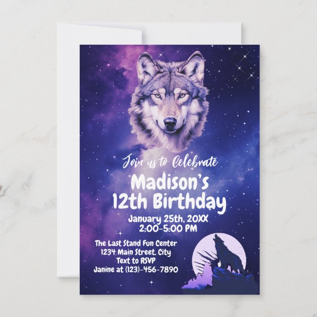 Wolf Galaxy Stars Cosmic Birthday Party  Invitation (Back)