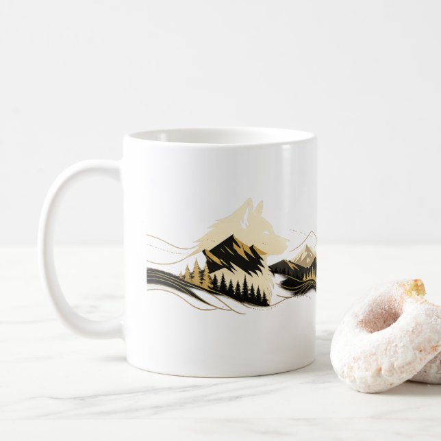 Wolf Golden Line Art Mountain Scene Mug (With Donut)