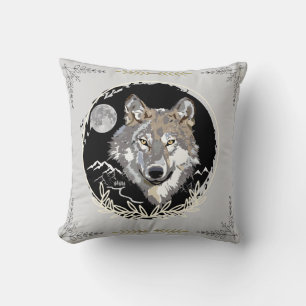Wolf Grey Black Throw Pillow