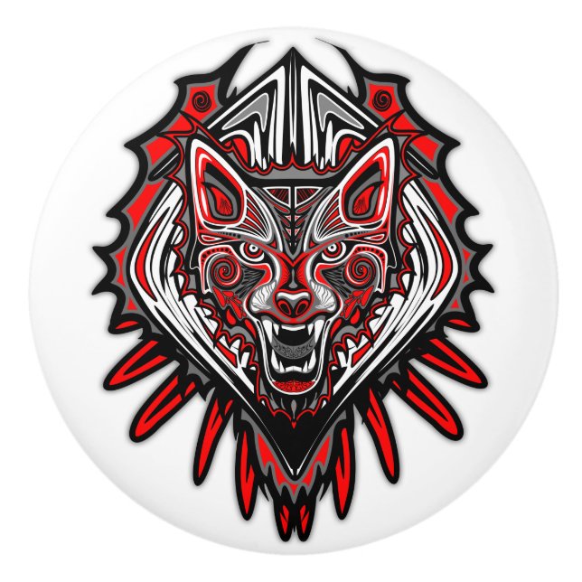 Wolf Haida Tribal Totem Design Ceramic Knob (Front)
