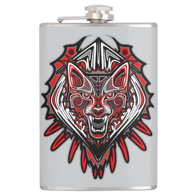 Wolf Haida Tribal Totem Design Hip Flask (Front)