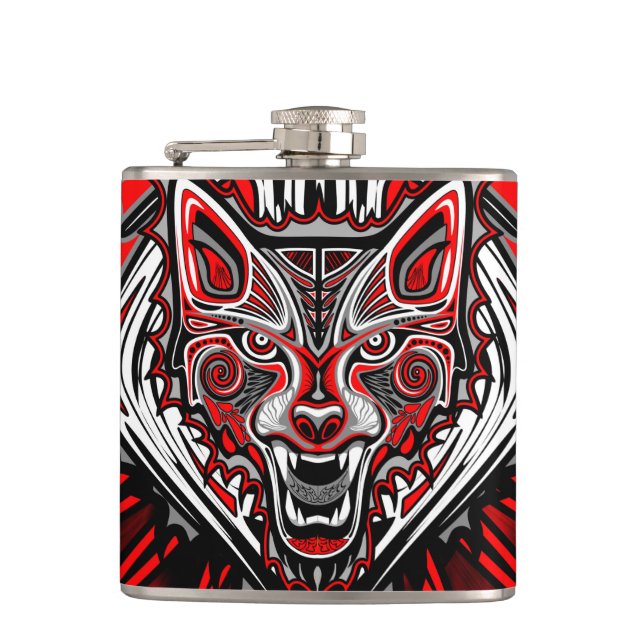 Wolf Haida Tribal Totem Design Hip Flask (Front)