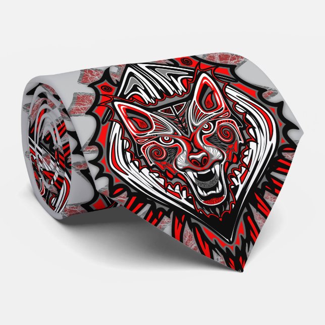 Wolf Haida Tribal Totem Design Tie (Rolled)