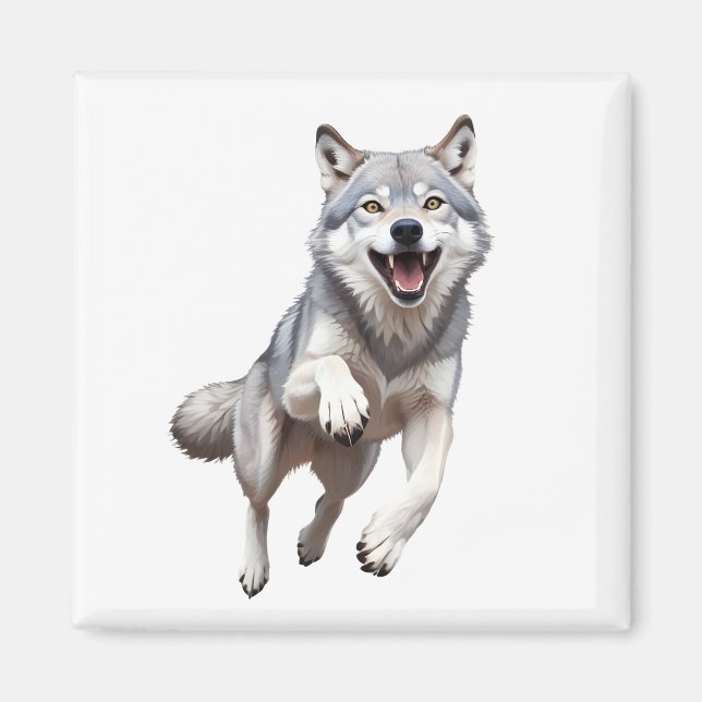Wolf Happy Playful Fun Jumping In The Air Forest Magnet (Front)