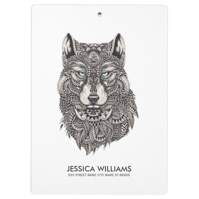Wolf Head Black Ornate Illustration Clipboard (Back)