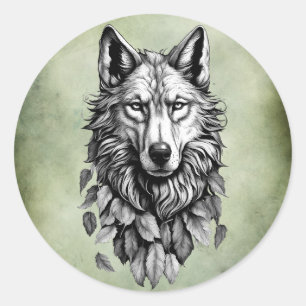 wolf head leaves animal original art drawing classic round sticker