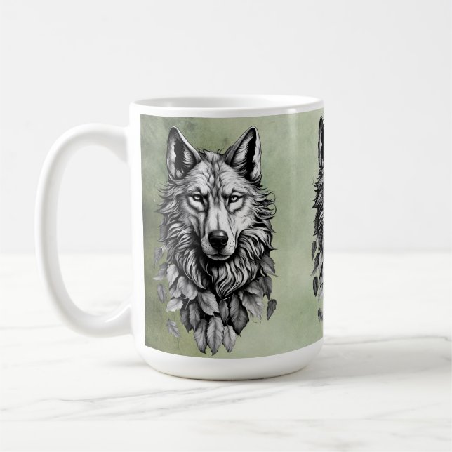 wolf head leaves animal original art drawing coffee mug (Left)
