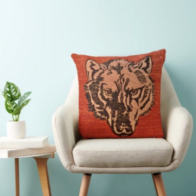 Wolf Head on Red Cushion (Wolf Head on Red  Design pillow high quality 100% polyester hidden zipper enclosure.
)