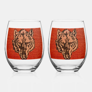 Wolf Head on Red Stemless Wine Glass