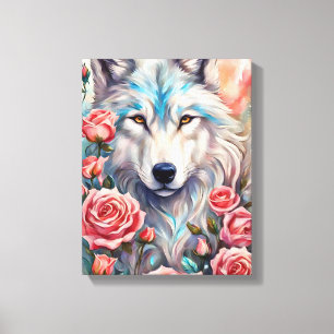 wolf head pink roses animal wildlife painting canvas print