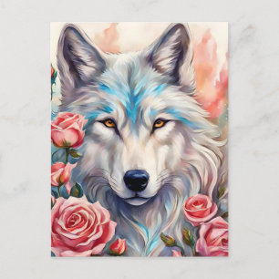 wolf head pink roses animal wildlife painting postcard