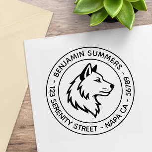 Wolf Head Profile Round Address Rubber Stamp