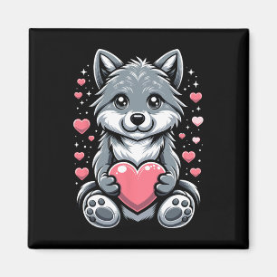Wolf Holding Heart Valentine's Day Cute Wolves Val Magnet