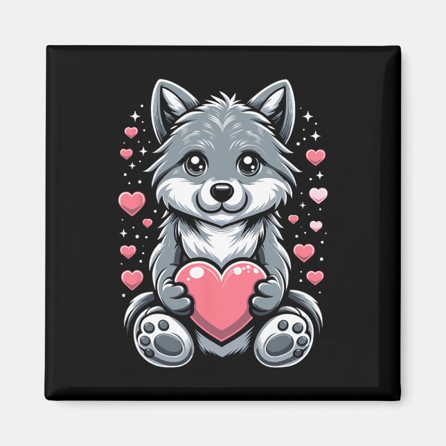 Wolf Holding Heart Valentine's Day Cute Wolves Val Magnet (Front)