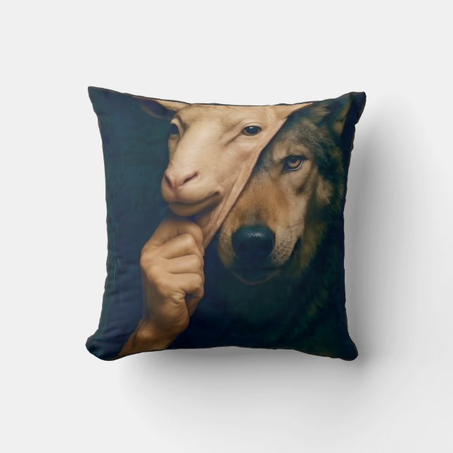 Wolf holding up a sheep mask  cushion (Front)