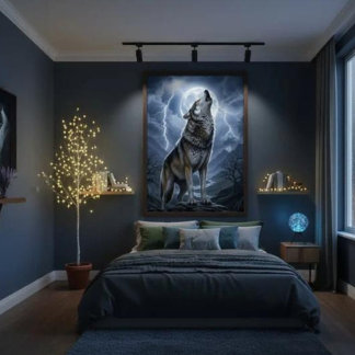 Wolf Howling at Full Moon with Lightning Storm Poster