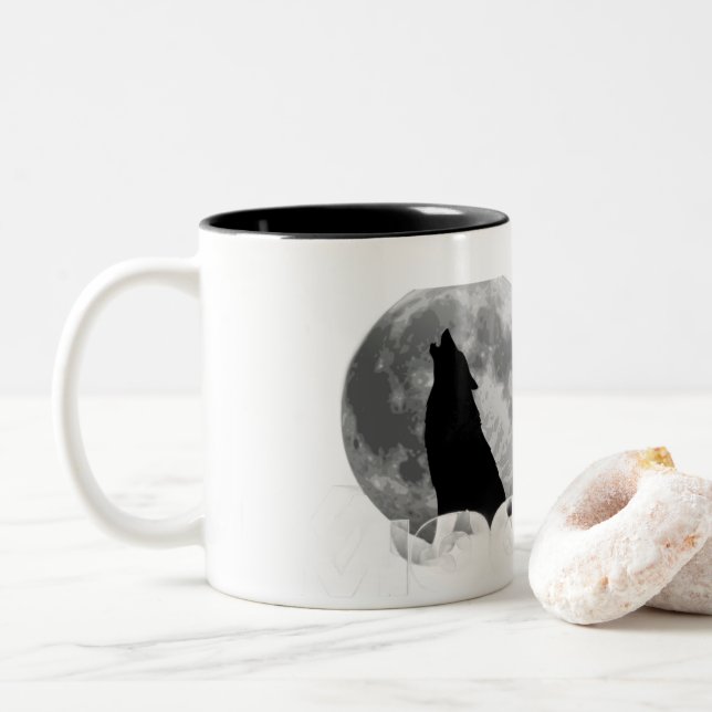 Wolf Howling at Full Moon Y2K Aesthetic Mug (With Donut)