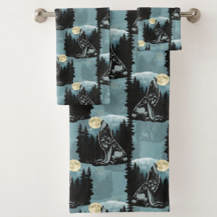 Wolf Howling At Moon Pattern Design  Bath Towel Set