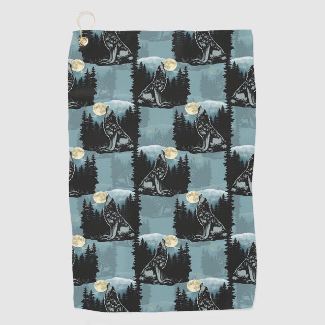 Wolf Howling At Moon Pattern Design  Golf Towel (Front)