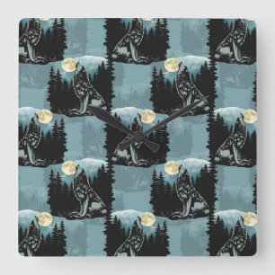 Wolf Howling At Moon Pattern Design  Square Wall Clock
