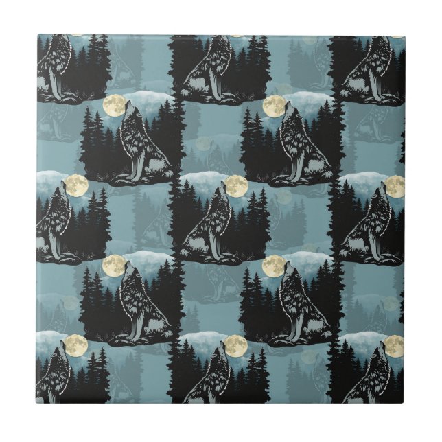 Wolf Howling At Moon Pattern Design  Tile (Front)