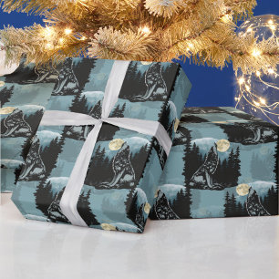 Wolf Howling At Moon Pattern Design Wrapping Paper
