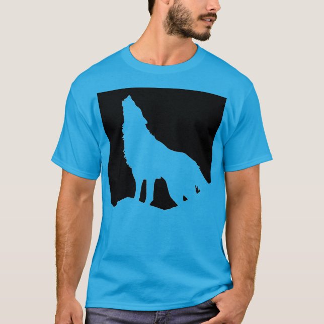 Wolf Howling at Moon Pop Art Teal Blue T-Shirt (Front)