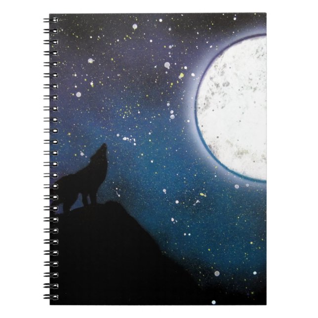 Wolf Howling at Moon Spray Paint Art Painting Spiral Notebook (Front)