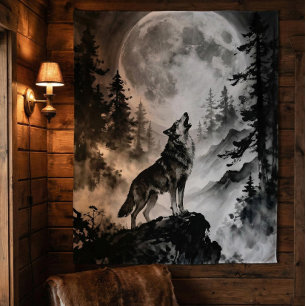 Wolf Howling at Moon Tapestry   Dark Forest