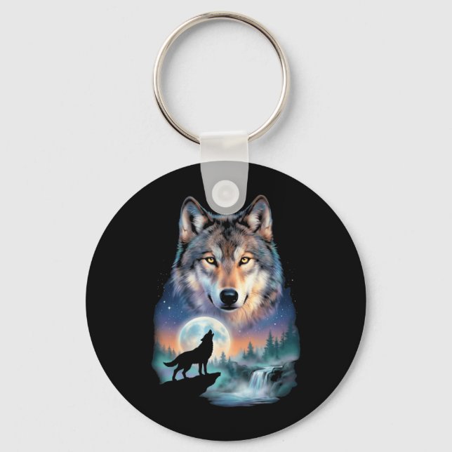 Wolf Howling at Moon Underneath Beautiful Wolf Key Ring (Front)