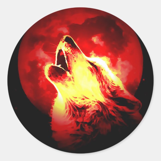 Wolf Howling at Red Night Classic Round Sticker (Front)
