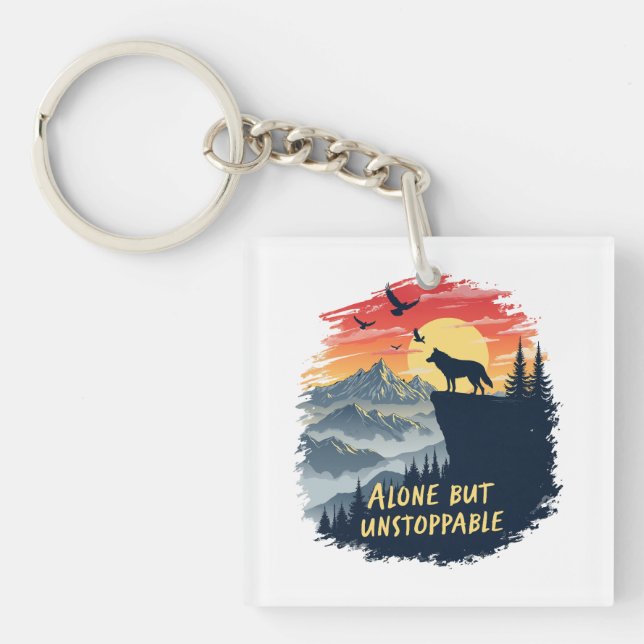 Wolf Howling At The Moon Alone But Unstoppable Key Ring (Front)