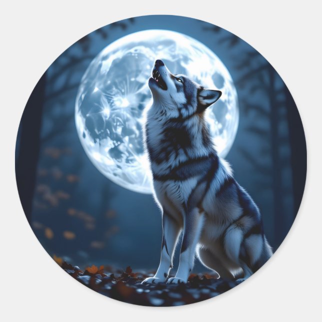 Wolf Howling at the Moon Classic Round Sticker (Front)