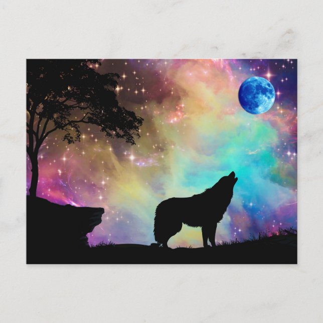Wolf Howling at the Moon Galaxy Stars Animal Postcard (Front)