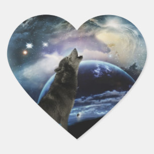 Wolf howling at the moon heart sticker