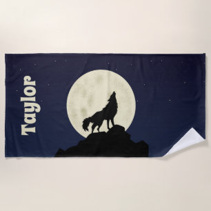 Wolf Howling at the Moon Illustration Personalised Beach Towel