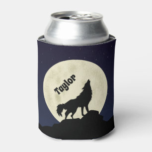 Wolf Howling at the Moon Illustration Personalised Can Cooler