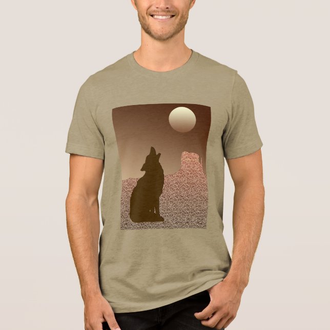 Wolf Howling at the Moon in Brown and Tan Tri-Blend Shirt (Front)