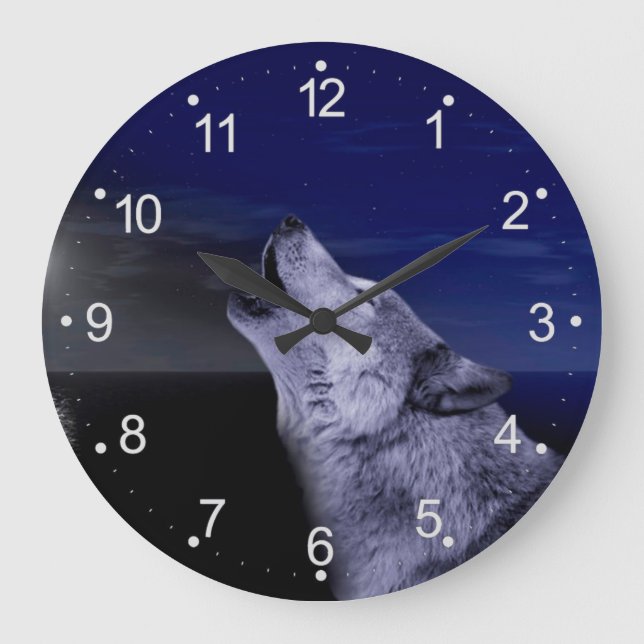Wolf howling at the moon in the sea large clock (Front)