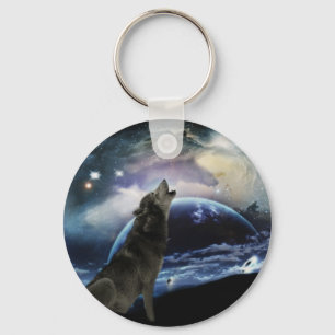 Wolf howling at the moon key ring