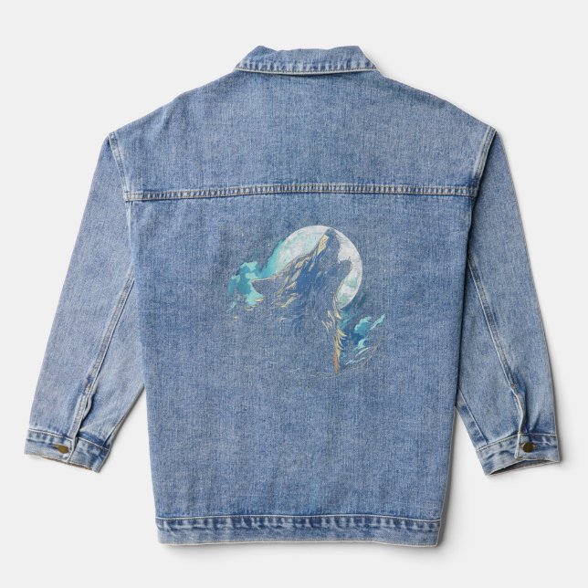 Wolf Howling At The Moon Monochrome Women s Alaska Denim Jacket (Back)