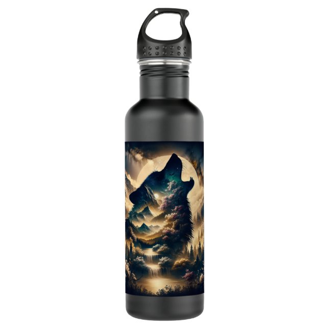 Wolf Howling at the Moon on a Cloudy Night 710 Ml Water Bottle (Front)