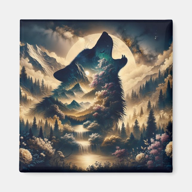 Wolf Howling at the Moon on a Cloudy Night Magnet (Front)